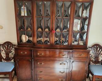 Antique, desk-front china cabinet with bubble glass doors. Entire DR set is available for pre-sale. 