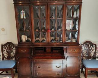 Antique, desk-front china cabinet with bubble glass doors