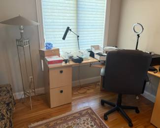 CORNER DESK, TABLE LAMP, OFFICE CHAIR AND MORE