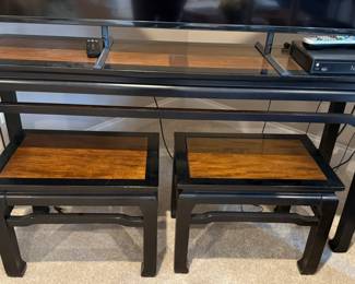 CHINOISERIE STYLE CONSOLE TABLE WITH TWO MATCHING REVERSIBLE  STOOLS/TABLES