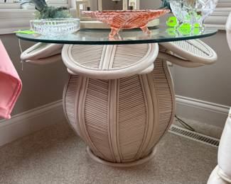 MID CENTURY MODERN PENCIL REED OR RATTAN BELL FLOWER COFFEE TABLE AND SIDE TABLE SET