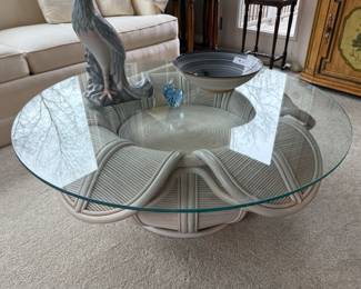 MID CENTURY MODERN PENCIL REED OR RATTAN BELL FLOWER COFFEE TABLE AND SIDE TABLE SET