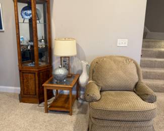 HICKORY CURIO CABINET & FLEXSTEEL CHAIR