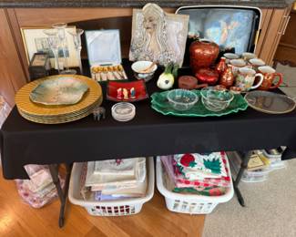GLASSWARE, KITCHENWARE, TABLECLOTHS AND MORE