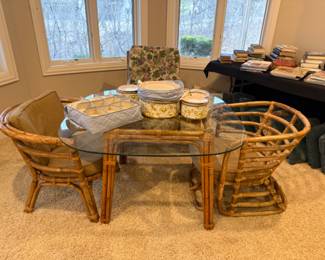 GLASS RATTAN TABLE AND CHINA