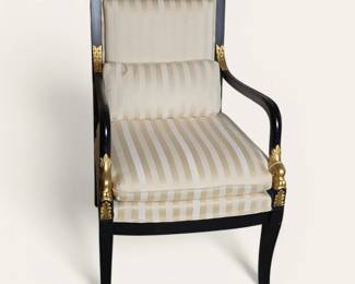 Ethan Allen French Empire Style Black Lacquer Gold Dolphin Arm Chair