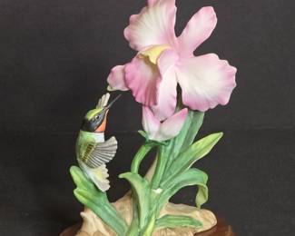 Vintage Homco Masterpiece Bone China Hummingbird w/Pink Iris Figurine
