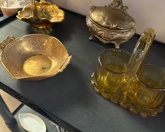 Vintage Amber Glass Sugar & Creamer, Packard Gold Double Handled Bowl, and more! 
