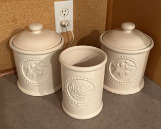 5 piece set of Cooks Club stone ware. Two lidded canisters and a utensil crock!