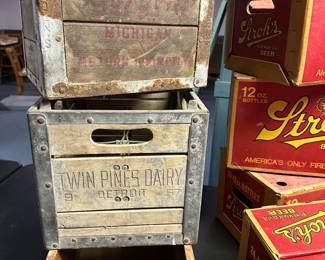 More vintage wooden crates! From bottom to top - Book Of Knowledge Book Crate, Twin Pines Dairy Crate from Detroit, and a Bordens Michigan Milk Bottle Crate!