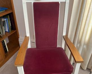  A beautiful Wooden Altar chair from the Dunning Memorial Chapel in the campus of Alma College.  Upholstered with red velvet. All in excellent condition! 