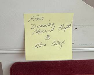  A beautiful Wooden Altar chair from the Dunning Memorial Chapel in the campus of Alma College.  Upholstered with red velvet. All in excellent condition! 