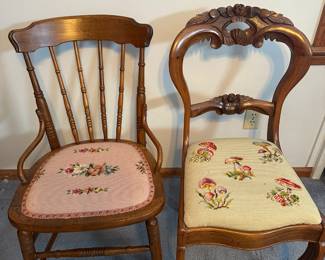 A pair of lovely needle point chairs! Chair on the right is an antique wooden parlor chair. The chair on the left is an antique wooden side chair. Both in EXCELLENT condition! 
