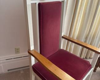  A beautiful Wooden Altar chair from the Dunning Memorial Chapel in the campus of Alma College.  Upholstered with red velvet. All in excellent condition! 
