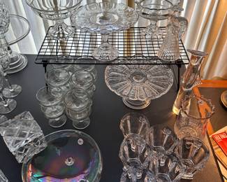 The rest of the story….The bowl in the lower left is STUNNING! Even in this picture you can see the iridescent shine on it. Next to it on the right is a set of six Lenox Butterfly Meadow bee Double Old Fashioned Glasses! MINT CONDITION! 