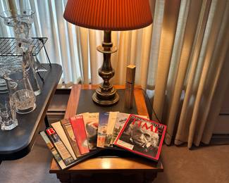 We have two beautiful end tables in the living room! On each is a stunning Aramis Solid Brass lamp with the original signed shade! Near MINT!