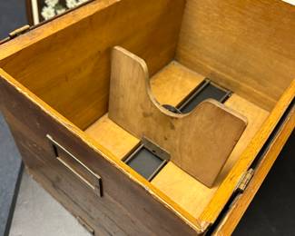 This is an item I have not seen before! It’s is a solid oak, vintage wooden TRAVEL File Cabinet! It’s beautiful and complete with brass hardware! 