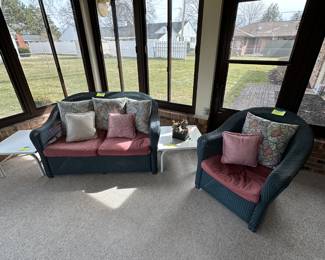 Sweet BLUE Wicker Chair and Loveseat! Two white end tables! 