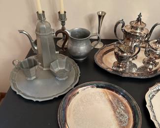A terrific pewter tea/coffee set, candle sticks and ware pitcher! Assorted Silver Plate pieces! 