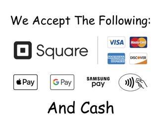 We take all major credit/debit cards, Apple Pay, Google Pay (3% convenience fee!) We also take good local checks and of course CASH! 