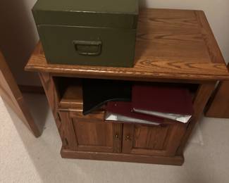 Nice solid oak computer printer cart. The heavy metal green chest is terrific too! OLD!