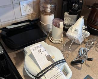 Small electronics! George Foreman Grill, Round Waffle make, Two mini choppers, two hand mixers and a small Kuerig! 