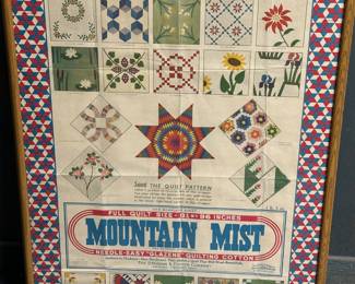 A terrific vintage MOUNTAIN MIST Quilting poster! Framed! 