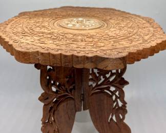 Intricately Carved Folding Wooden Side Table 