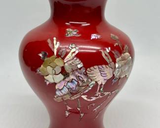 Red Enamel Metal Asian Vase with Abalone 