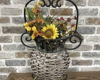 Wicker & Metal Wall Pocket Vase w/ Faux Sunflowers