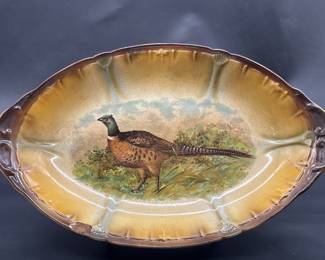 Vintage German Ceramic Oval Bowl w/ Pheasant