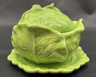Green Ceramic Lidded Cabbage Bowl w/ Underplate