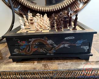 Leather Wrapped Wooden Chinese Chess Board with Chess Pieces