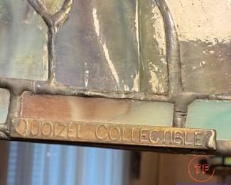 Signed QUOIZEL Table Lamp with Leaded and Stained-Glass Floral Shade Lamp on Ornate Peacock Feather Bronze Base