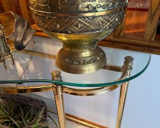 Hollywood Regency Oval Glass Top Console Table with Brass Base