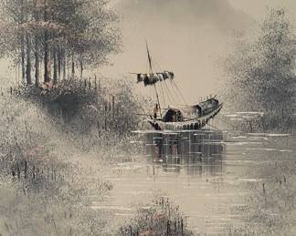 Signed Modern Chinese Original Oil on Canvas Landscape Scene by DAVID KWOK (1919 - 2003)