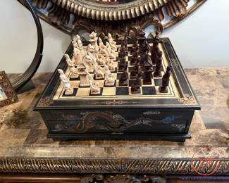 Leather Wrapped Wooden Chinese Chess Board with Chess Pieces