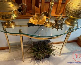 Hollywood Regency Oval Glass Top Console Table with Brass Base