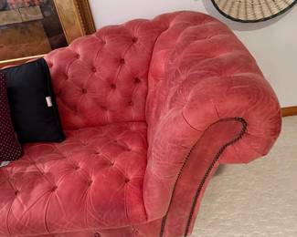 Red Leather Tufted Back Rolled Arm Sofa