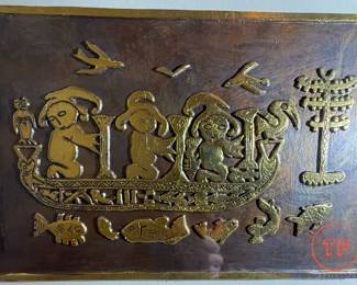 Mid-Century Harris G. Strong (1920-2006) "Voyage" Framed Gold Tone Sculptural Samarian Mixed Media Tile Plaque