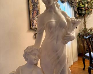 Faux Marble Sculpture After Moreau of Woman and Child with Stand - 59" Tall