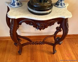 Hand Carved Mahogany Hall Table with Marble Top