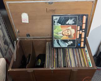 Mid-Century Modern Walnut LANE Altavista, Virginia Rolling Record Cabinet/Bench with Cushion Lid