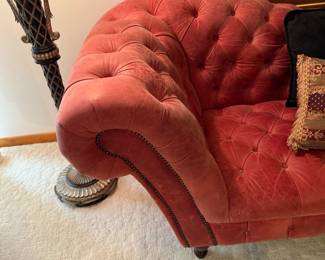 Red Leather Tufted Back Rolled Arm Sofa