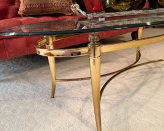 Hollywood Regency Oval Glass Top Coffee Table with Brass Base
