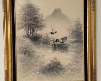 Signed Modern Chinese Original Oil on Canvas Landscape Scene by DAVID KWOK (1919 - 2003)