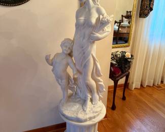 Faux Marble Sculpture After Moreau of Woman and Child with Stand - 59" Tall