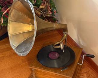 Antique Phonograph with Brass Horn