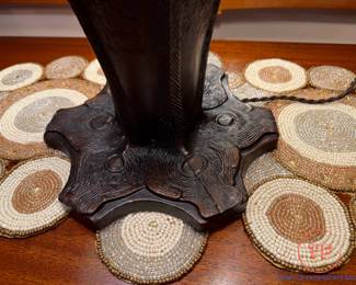 Signed QUOIZEL Table Lamp with Leaded and Stained-Glass Floral Shade Lamp on Ornate Peacock Feather Bronze Base