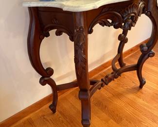 Hand Carved Mahogany Hall Table with Marble Top